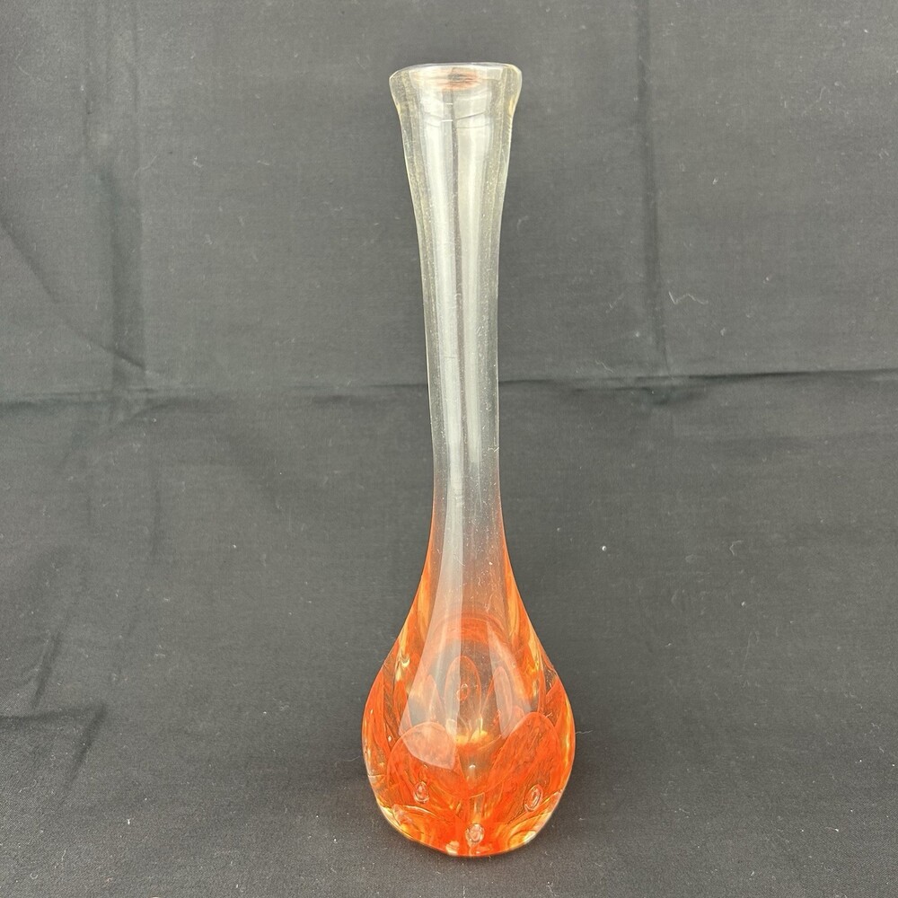 MCM Hand Blow Art Glass Vase Flower Paperweight Clear Orange
